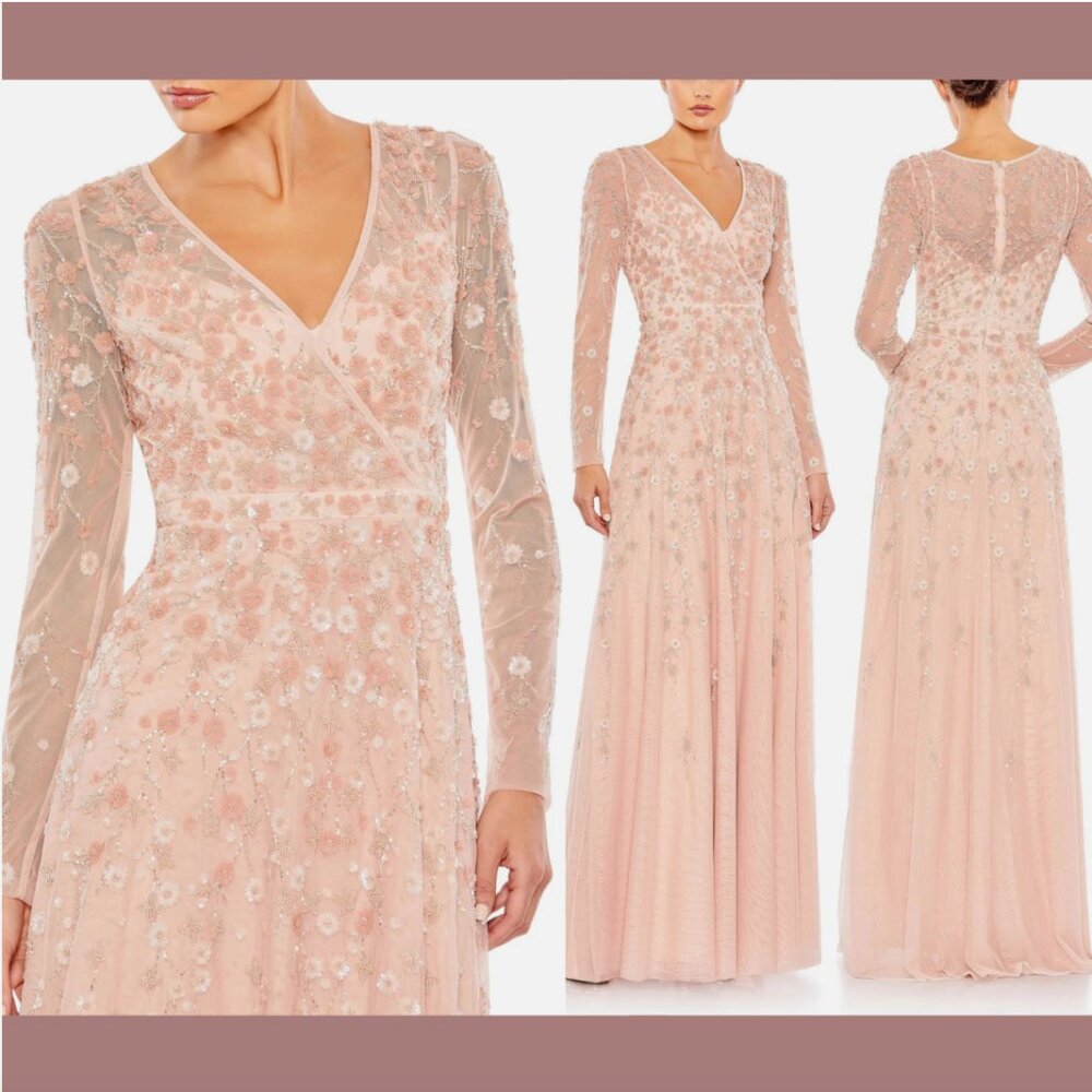NEW $798 Mac Duggal [ 14 ] Embellished Wrap Over Illusion‎ Long Sleeve Gown Q771
